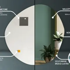 Nowoczesne lustro chmurka z wielofunkcyjnymi zawieszkami, folią ochronną i dystansami ściennymi. Idealnie gładka tafla, szlifowane brzegi.