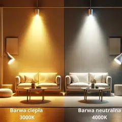 Porównanie barw światła: po lewej ciepła biel (3000K) tworzy przytulną atmosferę, po prawej neutralna biel (4000K) jest jaśniejsza.