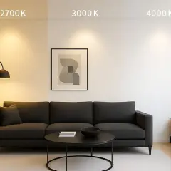 Salon z kanapą i stolikiem, porównanie: jaka barwa światła do salonu – ciepła 2700K, neutralna 3000K i zimna 4000K.