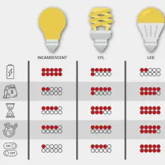 Porównanie żarówek: LED, CFL i tradycyjnych. Widać zużycie energii, koszt, żywotność i ekologię. Jakie żarówki wybrać?