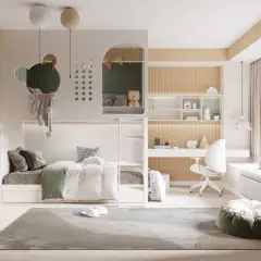 Przytulny pokój boho dla dziewczynki z łóżkiem piętrowym, biurkiem i miękkim pufem.