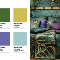 Paleta kolorów "Wellspring" prezentuje bogactwo odcieni zieleni, od soczystej "Foliage" po głęboką "Treetop", tworząc tropikalny, relaksujący klimat.