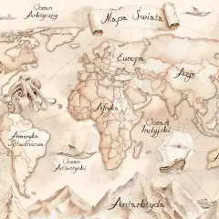 Mapa świata z wielorybem, żółwiem i ośmiornicą. Ta tapeta świata przeniesie Cię w podróż po kontynentach i oceanach.