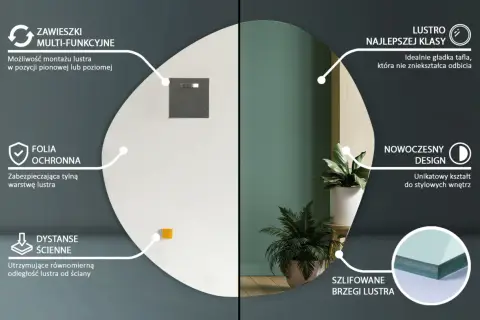 Nowoczesne lustro chmurka z wielofunkcyjnymi zawieszkami, folią ochronną i dystansami ściennymi. Idealnie gładka tafla, szlifowane brzegi.