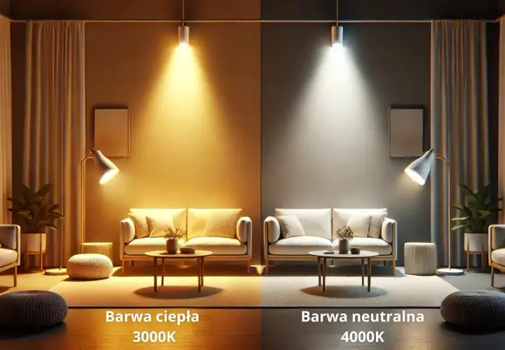 Porównanie barw światła: po lewej ciepła biel (3000K) tworzy przytulną atmosferę, po prawej neutralna biel (4000K) jest jaśniejsza.