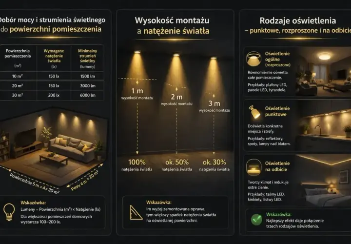 Wybierając oświetlenie, warto wiedzieć, czy 1500 lumenów to dużo. Tabela pokazuje, że dla 10 m² potrzeba 1500 lm. Wysokość montażu wpływa na natężenie światła.