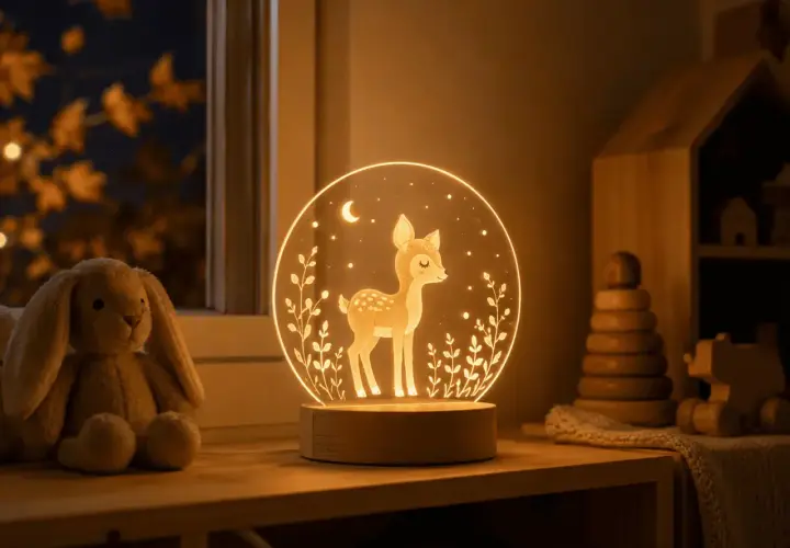 Urocza lampka sarenka rozświetla pokój dziecka. Na okrągłej tafli, wśród gwiazdek i gałązek, widnieje sielankowy obrazek z sarenką.