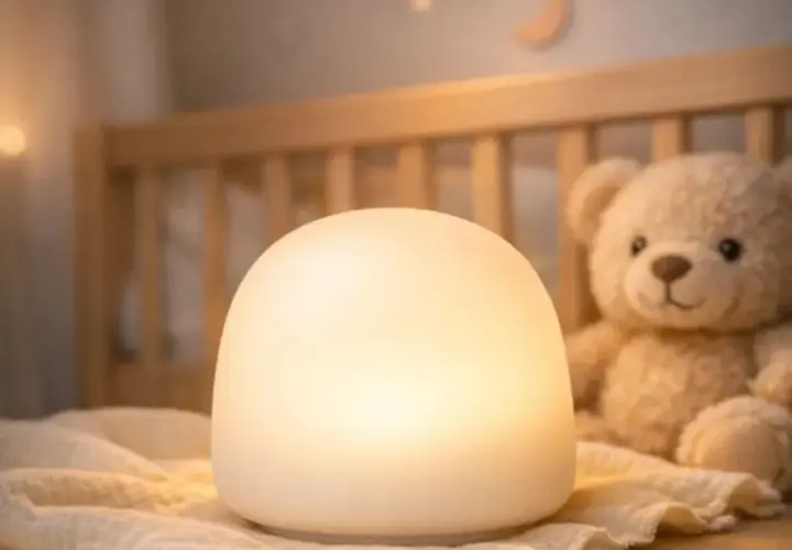 Miękka, biała lampka nocna dla chłopca, która rozświetla pokój. Obok siedzi pluszowy miś, gotowy do snu.