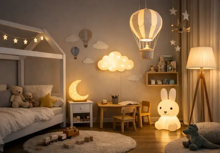 Urocza lampka nocna dla dzieci na ścianę w kształcie księżyca, zasilana bateryjnie, tworzy magiczną atmosferę w pokoju.