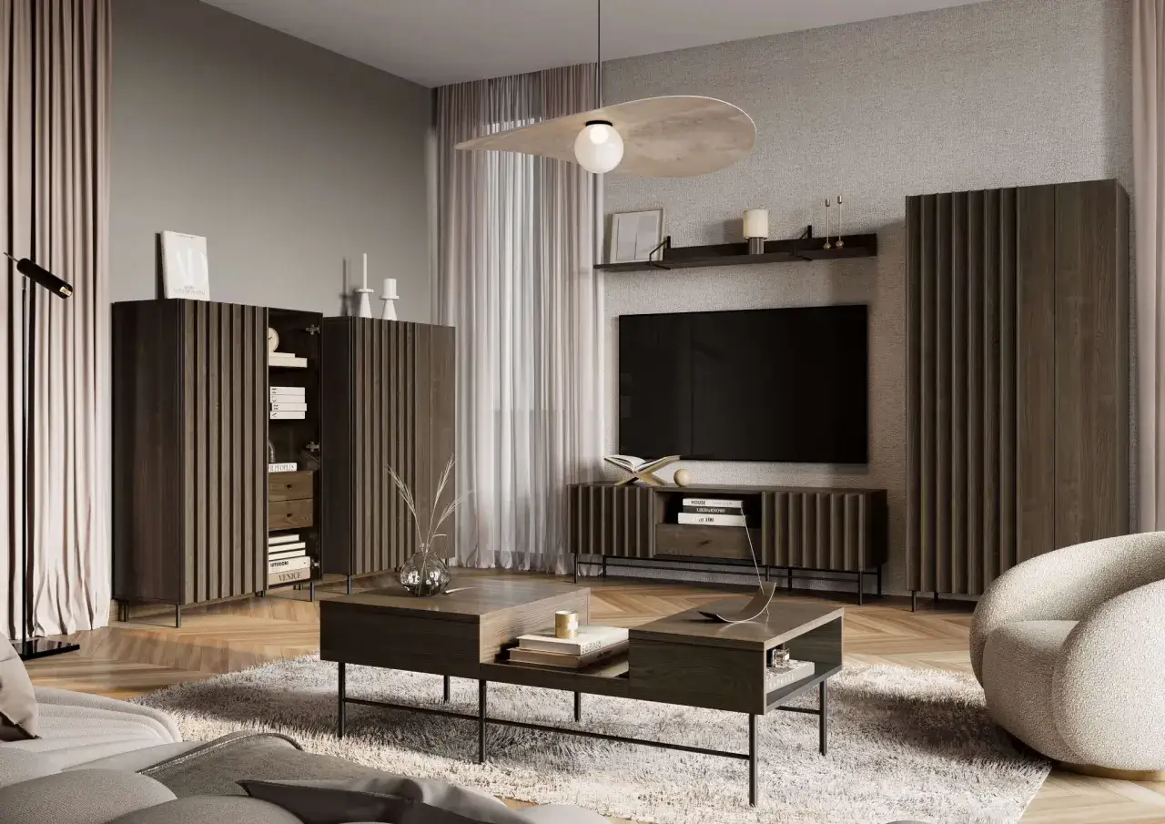Nowoczesny salon z brązowymi meblami. Jaki kolor pasuje do brązu? Jasne dodatki i tekstylia tworzą przytulną atmosferę.